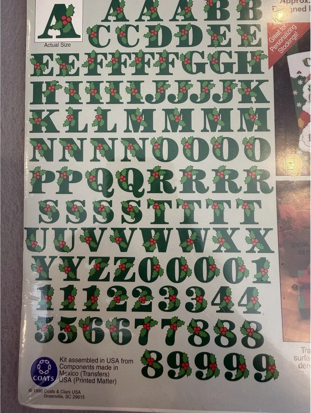 Vintage J. & P. Coats 1998 Iron On Transfers For Felt Appliqué Holly Alphabet